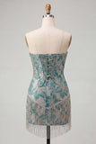 Lake Blue Sweetheart Corset Jacquard Lace Up Back Homecoming Dress with Fringes