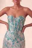 Lake Blue Sweetheart Corset Jacquard Lace Up Back Homecoming Dress with Fringes