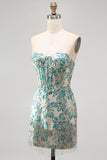 Lake Blue Sweetheart Corset Jacquard Lace Up Back Homecoming Dress with Fringes