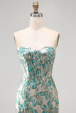 Lake Blue Sweetheart Corset Jacquard Lace Up Back Homecoming Dress with Fringes