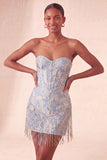 Lake Blue Sweetheart Corset Jacquard Lace Up Back Homecoming Dress with Fringes
