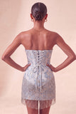 Lake Blue Sweetheart Corset Jacquard Lace Up Back Homecoming Dress with Fringes