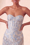 Lake Blue Sweetheart Corset Jacquard Lace Up Back Homecoming Dress with Fringes