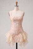 Champagne Jacquard Square Neck Lace Up Back Tight Homecoming Dress with Ruffles