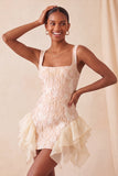 Champagne Jacquard Square Neck Lace Up Back Tight Homecoming Dress with Ruffles