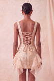 Champagne Jacquard Square Neck Lace Up Back Tight Homecoming Dress with Ruffles