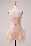 Champagne Jacquard Square Neck Lace Up Back Tight Homecoming Dress with Ruffles