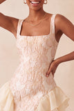 Champagne Jacquard Square Neck Lace Up Back Tight Homecoming Dress with Ruffles
