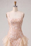Champagne Jacquard Square Neck Lace Up Back Tight Homecoming Dress with Ruffles