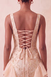 Champagne Jacquard Square Neck Lace Up Back Tight Homecoming Dress with Ruffles