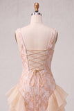 Champagne Jacquard Square Neck Lace Up Back Tight Homecoming Dress with Ruffles