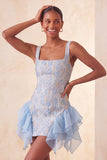 Champagne Jacquard Square Neck Lace Up Back Tight Homecoming Dress with Ruffles