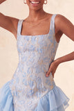 Champagne Jacquard Square Neck Lace Up Back Tight Homecoming Dress with Ruffles