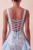 Champagne Jacquard Square Neck Lace Up Back Tight Homecoming Dress with Ruffles