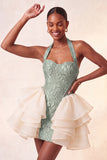 Light Pink Halter Neck Floral Lace Up Back Bodycon Homecoming Dress with Ruffles