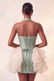 Light Pink Halter Neck Floral Lace Up Back Bodycon Homecoming Dress with Ruffles