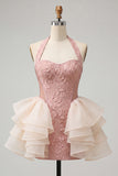 Light Pink Halter Neck Floral Lace Up Back Bodycon Homecoming Dress with Ruffles
