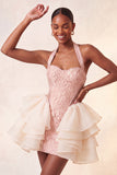 Light Pink Halter Neck Floral Lace Up Back Bodycon Homecoming Dress with Ruffles