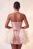 Light Pink Halter Neck Floral Lace Up Back Bodycon Homecoming Dress with Ruffles