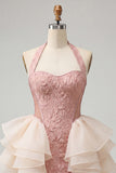 Light Pink Halter Neck Floral Lace Up Back Bodycon Homecoming Dress with Ruffles