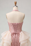 Light Pink Halter Neck Floral Lace Up Back Bodycon Homecoming Dress with Ruffles