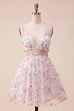 Blush V-Neck Floral A-Line Homecoming Dress with Lace Up Back