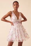 Blush V-Neck Floral A-Line Homecoming Dress with Lace Up Back