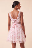 Blush V-Neck Floral A-Line Homecoming Dress with Lace Up Back