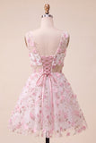 Blush V-Neck Floral A-Line Homecoming Dress with Lace Up Back
