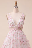 Blush V-Neck Floral A-Line Homecoming Dress with Lace Up Back