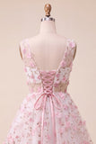Blush V-Neck Floral A-Line Homecoming Dress with Lace Up Back