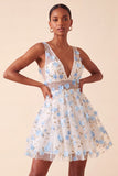 Blush V-Neck Floral A-Line Homecoming Dress with Lace Up Back