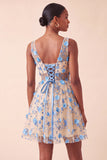 Blush V-Neck Floral A-Line Homecoming Dress with Lace Up Back