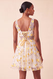 Blush V-Neck Floral A-Line Homecoming Dress with Lace Up Back