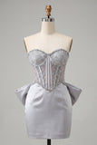 Silver Sweetheart Corset Lace Up Back Bodycon Homecoming Dress with Bow