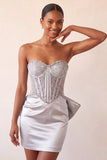 Silver Sweetheart Corset Lace Up Back Bodycon Homecoming Dress with Bow