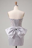 Silver Sweetheart Corset Lace Up Back Bodycon Homecoming Dress with Bow