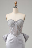 Silver Sweetheart Corset Lace Up Back Bodycon Homecoming Dress with Bow