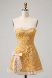 Sweetheart Yellow Jacquard A-Line Ruffled Lace Up Back Homecoming Dress with Slit
