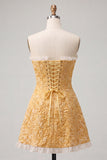 Sweetheart Yellow Jacquard A-Line Ruffled Lace Up Back Homecoming Dress with Slit