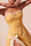 Sweetheart Yellow Jacquard A-Line Ruffled Lace Up Back Homecoming Dress with Slit