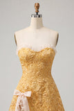 Sweetheart Yellow Jacquard A-Line Ruffled Lace Up Back Homecoming Dress with Slit