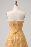 Sweetheart Yellow Jacquard A-Line Ruffled Lace Up Back Homecoming Dress with Slit