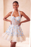 Light Yellow A-Line Ruffled Lace Up Back Sheer Corset Floral Homecoming Dress
