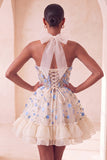 Light Yellow A-Line Ruffled Lace Up Back Sheer Corset Floral Homecoming Dress