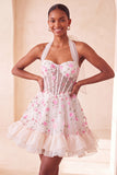Light Yellow A-Line Ruffled Lace Up Back Sheer Corset Floral Homecoming Dress