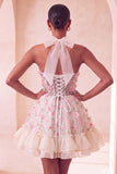 Light Yellow A-Line Ruffled Lace Up Back Sheer Corset Floral Homecoming Dress