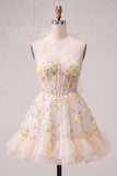 Light Yellow A-Line Ruffled Lace Up Back Sheer Corset Floral Homecoming Dress