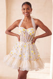 Light Yellow A-Line Ruffled Lace Up Back Sheer Corset Floral Homecoming Dress