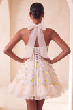 Light Yellow A-Line Ruffled Lace Up Back Sheer Corset Floral Homecoming Dress
